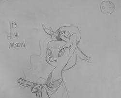 Size: 1280x1041 | Tagged: safe, artist:tjpones, princess luna, alicorn, pony, g4, :t, blurry, cowboy hat, crossover, female, frown, glare, grayscale, gun, handgun, hat, hoof hold, it's high noon, jesse mccree, lineart, monochrome, moon, overwatch, pun, revolver, solo, traditional art