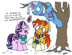 Size: 2111x1595 | Tagged: safe, artist:bobthedalek, starlight glimmer, sunburst, trixie, pony, unicorn, g4, :p, angry, blaze (coat marking), blushing, climbing, clothes, coat markings, cute, derp, dialogue, facial markings, female, frown, glare, glasses, inconvenient trixie, levitation, looking down, looking up, lucky bastard, magic, male, mare, messy mane, mistletoe, open mouth, raised hoof, raised leg, scarf, ship:starburst, shipper on deck, shipping, simple background, smiling, snow, socks (coat markings), stallion, straight, sunbetes, telekinesis, the great and powerful shipper, tongue out, tree, trio, wavy mouth, white background, wide eyes