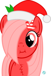 Size: 1800x2678 | Tagged: safe, artist:arifproject, oc, oc only, oc:downvote, earth pony, pony, derpibooru, g4, :i, adorable face, arif's christmas pones, arif's scrunchy pone, chest fluff, cute, derpibooru ponified, female, hair accessory, hair over one eye, hat, leaf, looking at you, mare, meta, ponified, santa hat, simple background, solo, transparent background, vector