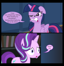 Size: 1570x1600 | Tagged: source needed, useless source url, safe, artist:mlp-silver-quill, starlight glimmer, twilight sparkle, alicorn, pony, unicorn, g4, :o, angry, book, bookshelf, comic, dialogue, duo, faic, female, floppy ears, fourth wall, mare, mark wahlberg, open mouth, the happening, twilight sparkle (alicorn)