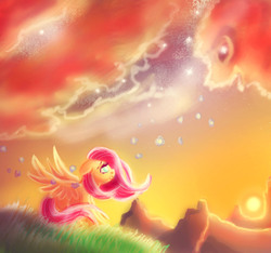 Size: 1794x1680 | Tagged: safe, artist:loveless-nights, fluttershy, pegasus, pony, g4, ears back, fear of flying, female, looking up, mare, outdoors, profile, scared, sitting, sky, solo, spread wings, sunset, wings