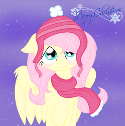 Size: 2292x2300 | Tagged: safe, artist:sugarcandy16, fluttershy, g4, blushing, bust, clothes, cute, female, hat, high res, looking at you, merry christmas, portrait, raised hoof, scarf, shyabetes, snow, solo, winter