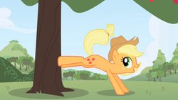 Size: 1280x720 | Tagged: safe, screencap, applejack, earth pony, pony, g4, applebucking, cute, female, happy, jackabetes, mare, open mouth, opening, smiling, solo, theme song, tree