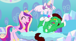 Size: 11000x6000 | Tagged: safe, artist:evilfrenzy, princess cadance, princess flurry heart, oc, oc:northern haste, alicorn, pony, g4, absurd resolution, baby, baby bottle, crying, diaper, diaper fetish, diapering, female, hypnosis, kaa eyes, levitation, magic, mare, mental regression, non-baby in diaper, poofy diaper, telekinesis