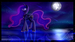 Size: 3606x2028 | Tagged: safe, artist:kaelee1340, artist:vanessatheartperson, princess luna, pony, g4, collaboration, female, high res, moon, night, night sky, shooting star, solo