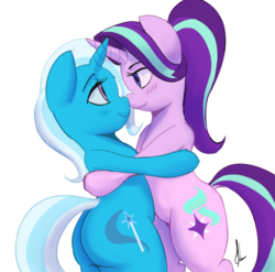 Size: 878x866 | Tagged: safe, artist:grissaecrim, starlight glimmer, trixie, pony, unicorn, g4, bipedal, blushing, boop, butt, duo, embrace, female, lesbian, looking at each other, mare, noseboop, plot, ship:startrix, shipping, smiling