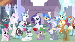 Size: 670x378 | Tagged: safe, artist:albertlopez1830, coco pommel, fancypants, fashion plate, fleur-de-lis, hoity toity, opalescence, photo finish, rarity, sapphire shores, sassy saddles, spike, sweetie belle, trenderhoof, g4, cutie mark, fire ruby, the cmc's cutie marks