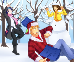 Size: 1280x1076 | Tagged: safe, artist:jonfawkes, big macintosh, cheese sandwich, shining armor, human, g4, clothes, coat, commission, humanized, male, patreon, scarf, snow, snow shovel, snowman, surprised, tree, trio, winter outfit