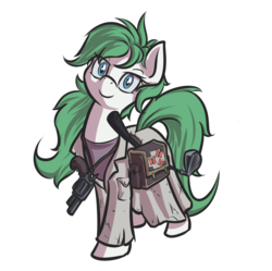 Size: 2461x2452 | Tagged: safe, artist:kalemon, edit, oc, oc only, oc:beryl, oc:beryl (smhac), butterfly, earth pony, pony, 2017 community collab, derpibooru community collaboration, fallout equestria, clothes, fanfic, fanfic art, female, fluttershy medical saddlebag, golf club, gun, handgun, high res, hooves, looking at you, mare, medical saddlebag, revolver, saddle bag, simple background, smiling, solo, transparent background, weapon