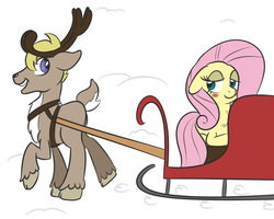 Size: 1250x1000 | Tagged: safe, artist:yakoshi, fluttershy, deer, pegasus, pony, reindeer, g4, blushing, sleigh