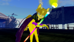 Size: 1440x811 | Tagged: safe, oc, oc only, oc:the golden nightmare, anthro, anthro oc, cane, cape, chaos, cloak, clothes, game screencap, hypnosis, scepter, second life, solo, stars, swirly eyes, tentacles