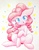 Size: 1001x1280 | Tagged: dead source, safe, artist:yukimaki, pinkie pie, g4, :p, alternate hairstyle, belly, blush sticker, blushing, colored pupils, cute, diapinkes, featureless crotch, female, floppy ears, looking at you, pigtails, raised hoof, sitting, solo, tongue out, traditional art