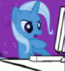 Size: 250x273 | Tagged: safe, edit, edited screencap, screencap, trixie, pony, unicorn, boast busters, g4, animated, blue coat, blue mane, computer, eyeroll, female, frown, gif, glare, hoofy-kicks, horn, keyboard, low quality, lowres, mare, monitor, open mouth, pixelated, purple background, purple eyes, reaction gif, reaction image, rearing, shitposting, simple background, solo, starry night, talking, typing