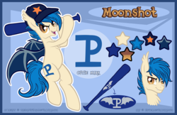 Size: 2000x1295 | Tagged: safe, artist:lifyen, oc, oc only, oc:moonshot, bat pony, pony, baseball bat, baseball cap, bat pony oc, cap, hat, male, reference sheet, solo, stallion