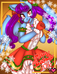 Size: 2975x3850 | Tagged: safe, artist:ladypixelheart, oc, oc only, oc:lyrica, pegasus, anthro, christmas, clothes, costume, dress, high res, lidded eyes, looking at you, open mouth, pigtails, ribbon, santa costume, smiling, snow, snowflake, solo, spread wings, twintails