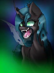 Size: 1024x1366 | Tagged: safe, artist:sakuwolf666, queen chrysalis, changeling, changeling queen, g4, crown, female, jewelry, regalia, sharp teeth, solo, teeth, watermark