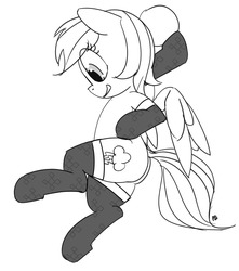 Size: 1280x1451 | Tagged: safe, artist:pabbley, rainbow dash, g4, clothes, female, flying, monochrome, simple background, snow, snowball, socks, solo, thigh highs, white background