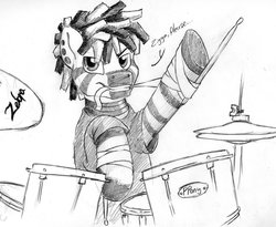 Size: 2000x1639 | Tagged: artist needed, safe, oc, oc only, oc:ezekiel, zebra, drum kit, drums, grayscale, looking at you, monochrome, musical instrument, sketch, smiling, solo, zigga