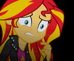 Size: 500x411 | Tagged: safe, artist:h06zaman, edit, editor:paragonaj, vector edit, sunset shimmer, equestria girls, g4, my little pony equestria girls: rainbow rocks, animated, black background, breath, clothes, evil smile, eye shimmer, face, female, finals, frown, gif, glare, glowing eyes, grin, gritted teeth, leather jacket, loop, panting, scared, simple background, smiling, smirk, solo focus, sweat, vector, wide eyes