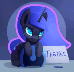 Size: 400x389 | Tagged: safe, artist:rodrigues404, nightmare moon, alicorn, pony, animated, blushing, cinemagraph, cute, female, filly, flowing mane, gif, moonabetes, nightmare woon, solo, thank you