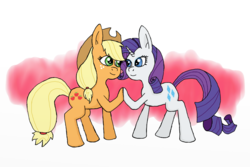 Size: 1200x800 | Tagged: safe, artist:eulicious, applejack, rarity, g4, female, holding hooves, lesbian, looking at each other, ship:rarijack, shipping, simple background