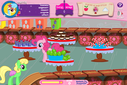 Size: 744x498 | Tagged: safe, pinkie pie, oc, oc:sketch, g4, adventures in ponyville, eating, pinkie pie's sweet shoppe