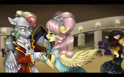 Size: 4000x2500 | Tagged: safe, artist:amberswirl, fluttershy, rainbow dash, the count of monte rainbow, g4, ballroom, colored pupils, crossover, i know those eyes, open mouth, rainbow dantes, shycedes, signature, the count of monte cristo, this man is dead