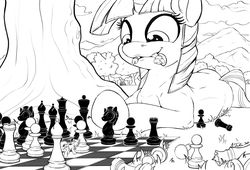 Size: 1500x1021 | Tagged: safe, artist:tsitra360, applejack, lyra heartstrings, twilight sparkle, alicorn, pony, unicorn, g4, chess, chessboard, chessboard incorrectly oriented, duo, micro, monochrome