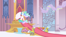 Size: 1280x720 | Tagged: safe, screencap, princess celestia, alicorn, pony, unicorn, g4, armor, canterlot throne room, ethereal mane, eyes closed, female, male, mare, opening, royal guard, smoke, stallion, theme song, throne, throne room