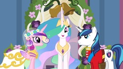 Size: 1600x900 | Tagged: safe, screencap, princess cadance, princess celestia, shining armor, pony, a canterlot wedding, g4, my little pony: friendship is magic, clothes, dress, male, ship:shiningcadance, shipping, straight, wedding dress