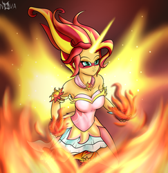 Size: 1800x1850 | Tagged: safe, artist:novaspark, sunset shimmer, equestria girls, g4, daydream shimmer, female, fiery shimmer, fire, solo