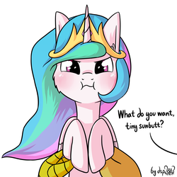 Size: 1920x1920 | Tagged: dead source, safe, artist:dsp2003, part of a set, discord, princess celestia, alicorn, pony, g4, :i, angry, blushing, chibi, cute, cutelestia, diabetes, dialogue, don't call me sunbutt, female, fluffy, glare, grumpy, holding a pony, i can't believe it's not tjpones, implied discord, looking at you, offscreen character, part of a series, puffy cheeks, scrunchy face, signature, simple background, style emulation, this will end in tears and/or a journey to the moon, unamused, what do you want, white background