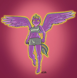 Size: 982x1000 | Tagged: safe, artist:siden, lightning dust, oc, oc only, oc:lightning blade, anthro, plantigrade anthro, g4, barefoot, belly button, clothes, feet, female, midriff, solo, sports bra, spread wings, the dashies