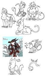 Size: 692x1153 | Tagged: safe, artist:equestria-prevails, classical hippogriff, demigryph, griffon, hippogriff, quetzalcoatl, snake, armor, barking, pain, sketch, sketch dump, sword, weapon