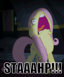 Size: 412x500 | Tagged: safe, edit, edited screencap, screencap, fluttershy, g4, scare master, animated, derp, female, floppy ears, flutterscream, frown, gif, open mouth, reaction image, screaming, solo, stahp, tongue out, volumetric mouth, wide eyes