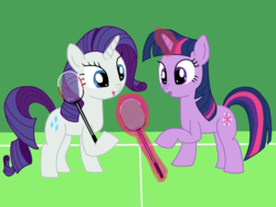 Size: 1600x1200 | Tagged: safe, artist:franzeir, rarity, twilight sparkle, g4, magic, tennis, tennis racket