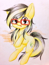 Size: 1554x2048 | Tagged: dead source, safe, artist:yukimaki, oc, oc only, earth pony, pony, glasses, looking at you, simple background, solo, traditional art