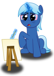 Size: 1420x2000 | Tagged: safe, artist:spellboundcanvas, oc, oc only, oc:nomad spellbound, pony, unicorn, easel, insomnia, magic aura, open mouth, pencil, red eyes, solo, tired