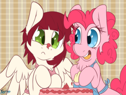 Size: 4000x3000 | Tagged: safe, artist:fluffyxai, pinkie pie, oc, oc:lexis arc, pegasus, pony, g4, apron, cake, chest fluff, clothes, confused, couple, food, frosting, icing bag, icing on nose, shipping, silly, smiling, wings
