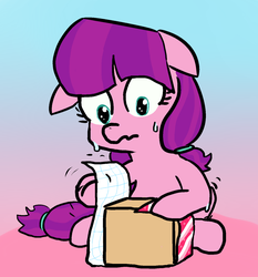 Size: 1280x1375 | Tagged: safe, artist:tanmansmantan, lily longsocks, earth pony, pony, g4, cute, female, filly, floppy ears, hedgehog's dilemma, nervous, present, shaking, solo, sweat, wrapping paper