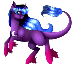 Size: 1337x1200 | Tagged: safe, artist:minelvi, oc, oc only, oc:lucente moons, classical unicorn, pony, unicorn, curved horn, ethereal mane, eye clipping through hair, eyelashes, female, hoof fluff, horn, leonine tail, mare, signature, simple background, solo, starry mane, transparent background, unicorn oc, unshorn fetlocks