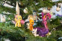 Size: 2048x1357 | Tagged: safe, applejack, fluttershy, rainbow dash, rarity, g4, official, brushable, christmas, christmas tree, irl, photo, toy, tree
