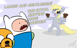 Size: 1440x900 | Tagged: safe, artist:loomx, derpy hooves, pony, g4, adventure time, bipedal, crossover, finn the human, food, jake the dog, male, muffin
