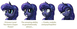 Size: 1400x526 | Tagged: safe, artist:foxi-5, princess luna, g4, bait and switch, comic, cute, dilated pupils, eye shimmer, female, floppy ears, frown, glare, grin, gritted teeth, luna is not amused, shrunken pupils, simple background, smiling, solo, squee, unamused, white background, wide eyes