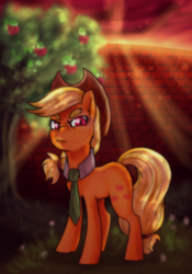 Size: 818x1167 | Tagged: safe, artist:not-ordinary-pony, idw, applejack, g4, ponies of dark water, apple tree, applegekko, crepuscular rays, donaldjack, female, gordon gekko, necktie, solo