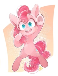 Size: 744x962 | Tagged: safe, artist:sibashen, pinkie pie, pony, g4, abstract background, bipedal, colored pupils, cute, diapinkes, female, looking at you, open mouth, smiling, solo, underhoof