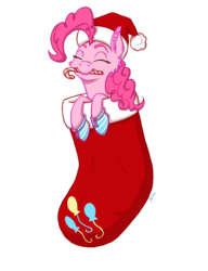 Size: 2300x3000 | Tagged: safe, artist:ambergerr, pinkie pie, g4, candy, candy cane, christmas stocking, clothes, ear fluff, eyes closed, female, food, hat, high res, mouth hold, santa hat, simple background, socks, solo, transparent background