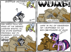 Size: 4555x3331 | Tagged: safe, artist:chopsticks, derpy hooves, twilight sparkle, oc, oc:chopsticks, alicorn, pegasus, pony, g4, boxes, comic, dialogue, hat, high res, humor, male, open mouth, ponysona, pun, shipper on deck, shipping, stallion, text, twilight sparkle (alicorn), yelling