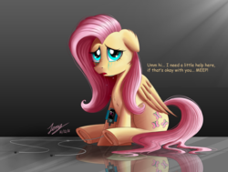 Size: 2200x1667 | Tagged: safe, artist:duskie-06, fluttershy, pegasus, pony, balloon party, g4, ..., crying, cute, dialogue, earbuds, exclamation point, female, hooves, horse problems, ipod, mp3 player, open mouth, reflection, sad, sadorable, shyabetes, sitting, solo, underhoof