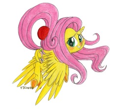 Size: 1470x1297 | Tagged: safe, artist:raiwee, fluttershy, g4, ball, buckball, female, floating, looking at you, looking back, prehensile tail, simple background, solo, spread wings, traditional art, white background